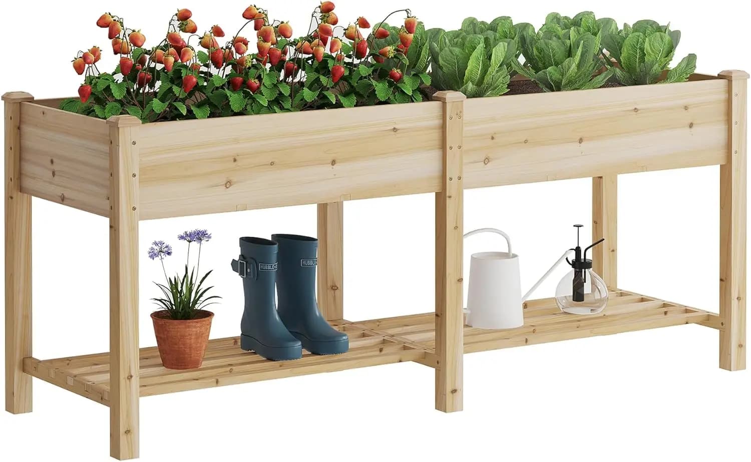 Fioriera elevata in legno con gambe, portaoggetti e divisorio per verdure, frutta e fiori - 3 misure disponibili