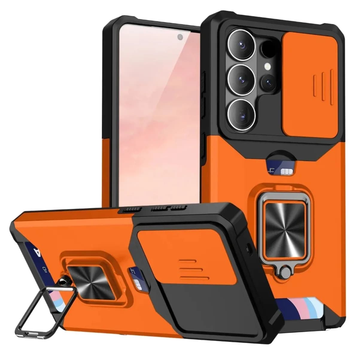 Custodia per telefono con anello porta carte e copri fotocamera scorrevole per Samsung Galaxy S26 Ultra S25 Edge S24 Plus S23 S22 S21 FE A57 A37