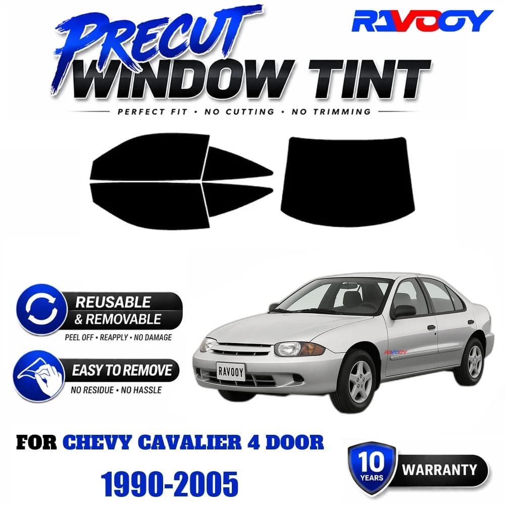 RAVOOY Precut Window Tint, Reusable Removable EPU Film, Custom Fit for Chevy Cavalier 4 Door 1990-2005, UV Heat Protection