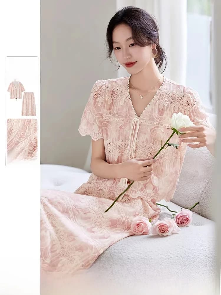 Nuovo Completo Estivo da Donna con Scollo a V, Maniche Corte, Gonna a Trapezio, Vita Elasticizzata e Orlo Spaccato - Set Due Pezzi Giovanile alla Moda