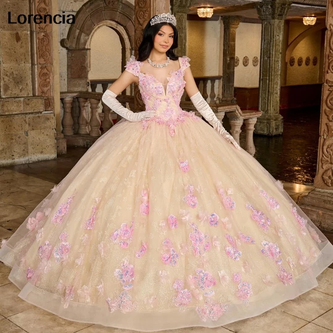 Abito Quinceanera rosa personalizzato Abito da ballo Applique in pizzo floreale Cristalli Perline Messicano Dolce 16 Abiti da 15 anni YQD822