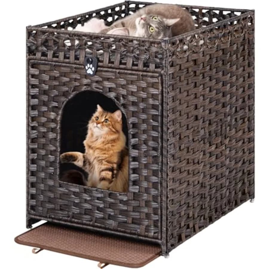 Mobiletto per lettiera per gatti con porta, in rattan intrecciato a mano, con tappetino igienico integrato, design a scomparsa