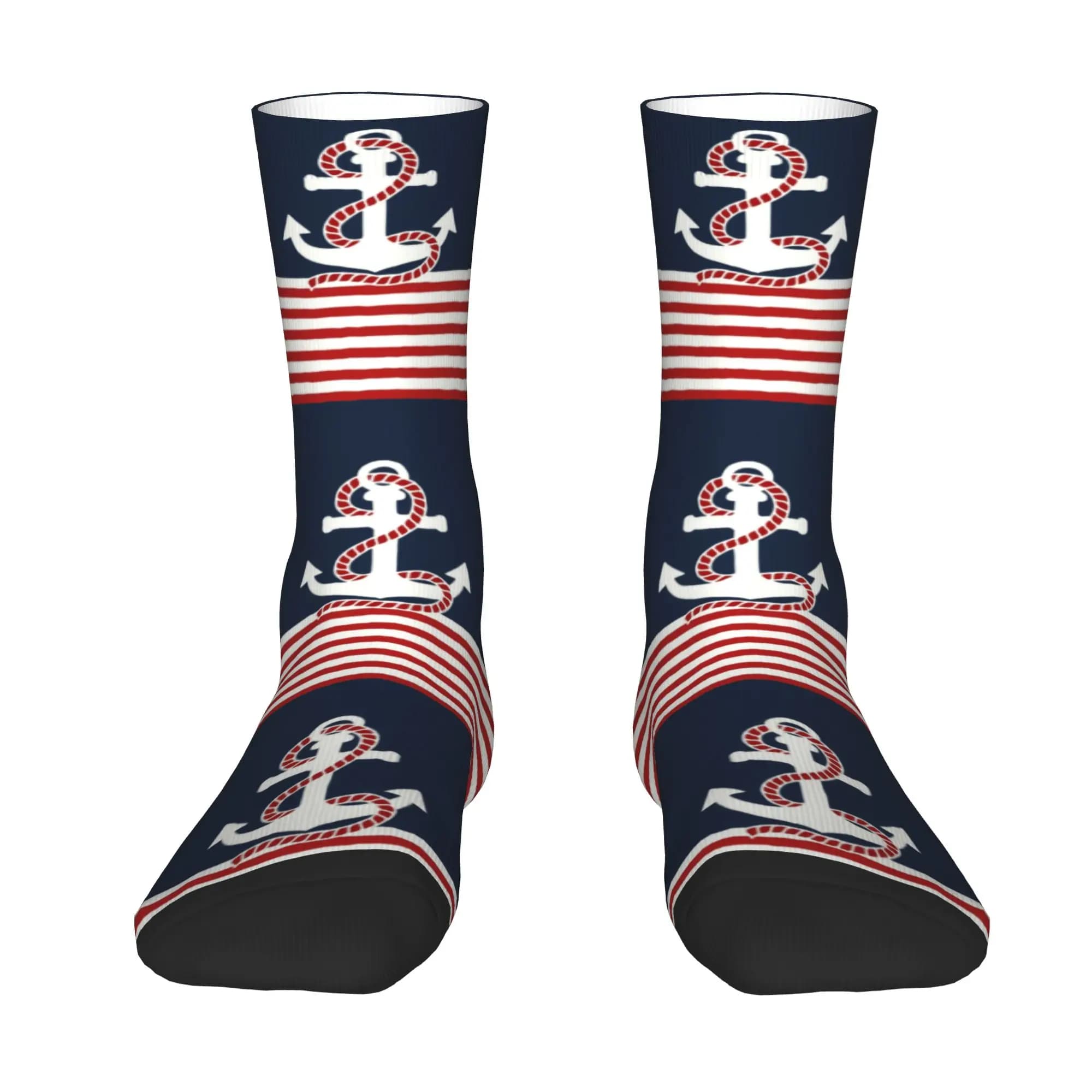 Custom Navy Blue Stripes Nautical Anchor Boat Men's Crew Socks Unisex Fashion 3D Print Dress Socks