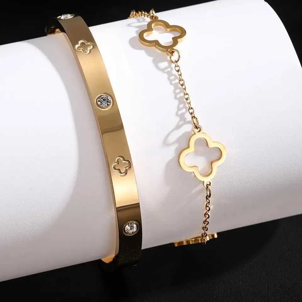 Set di 2 braccialetti da donna con trifoglio fortunato e cuore, in acciaio inossidabile, con zirconi lucidi, regalo per gioielli da festa