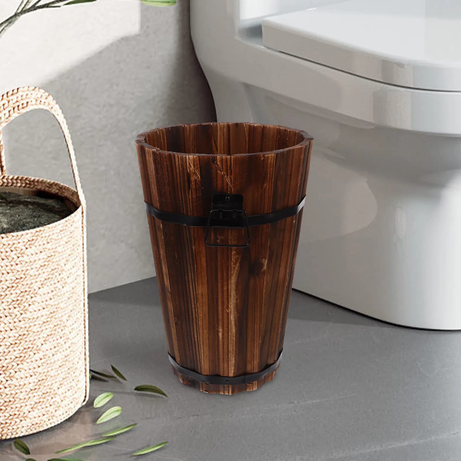 Round Rustic Wood Trash Can Medium Size Bathroom Office Waste Basket Portable Handle Storage Bin Bathroom Waste Baskets