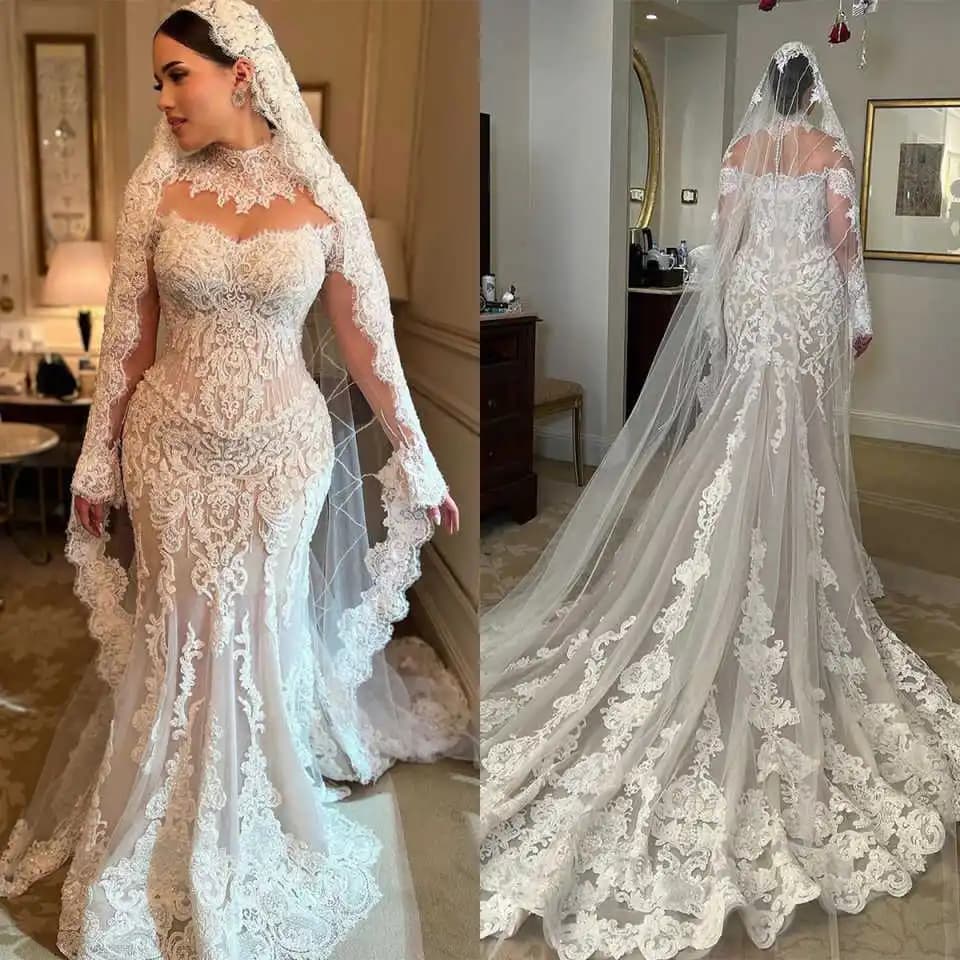 Abiti da sposa classici a sirena Appliques Abito da sposa a maniche lunghe in pizzo Collo alto Sweep Train Vestido De Noiva Personalizzato