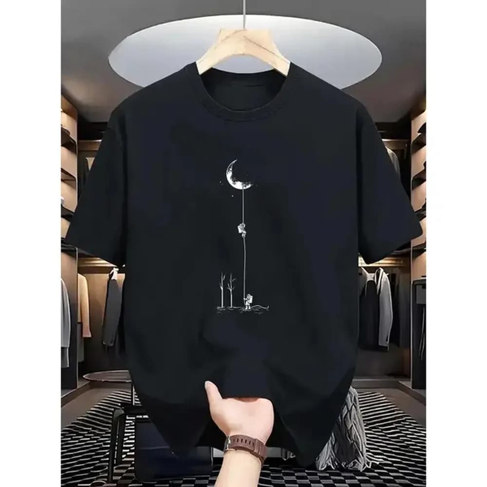 Cotton Short Sleeve T-Shirt Comfortable & Stretchy Moon Landing Graphic Tee - Men's Casual Street Style Round Neck T-Shirt - Black, Burgundy, Dark Green, Blue, Grey