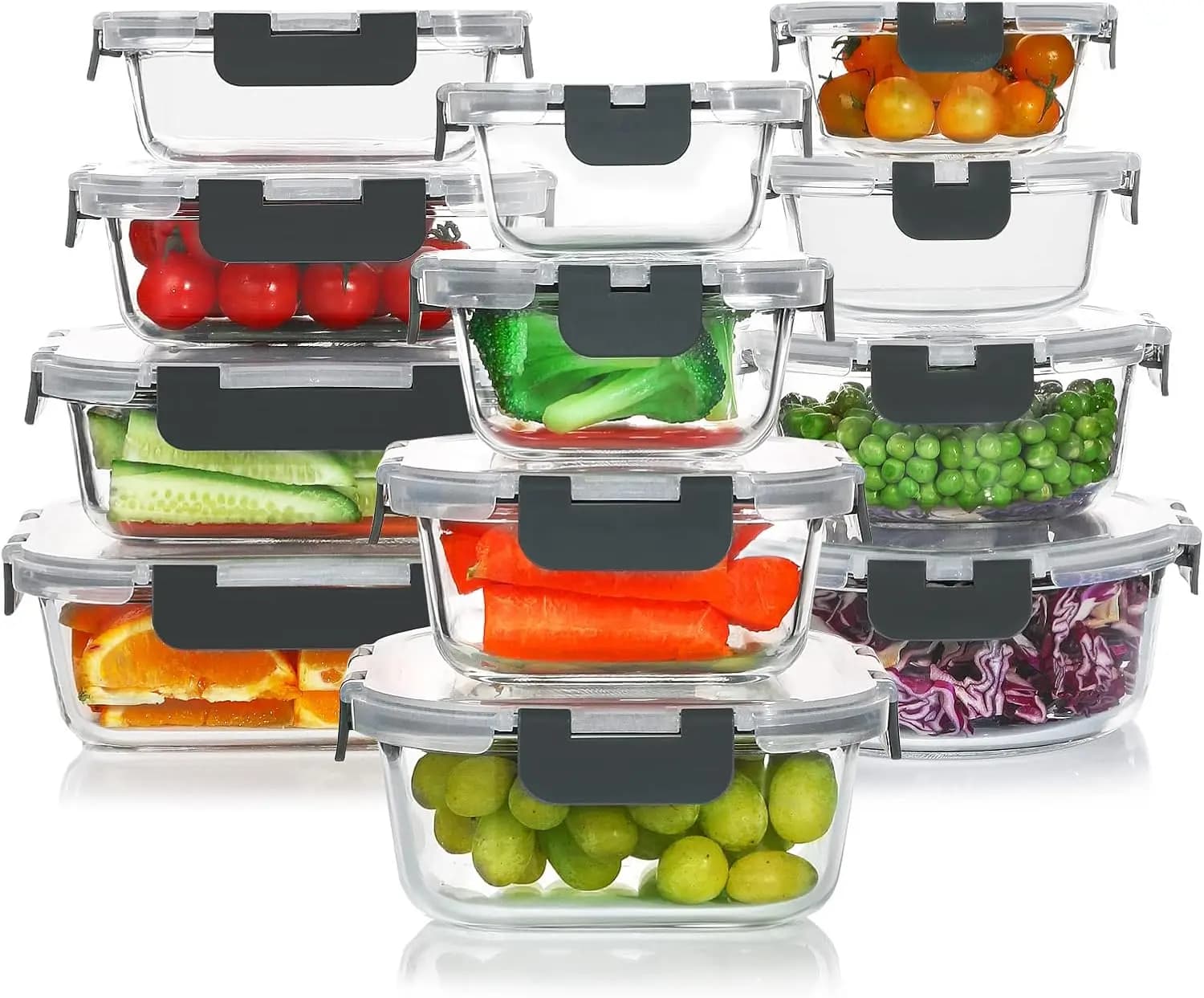 Set di 24 Contenitori in Vetro per Alimenti, Ermetici e Impilabili, con Coperchi, Adatti per Microonde e Congelatore
