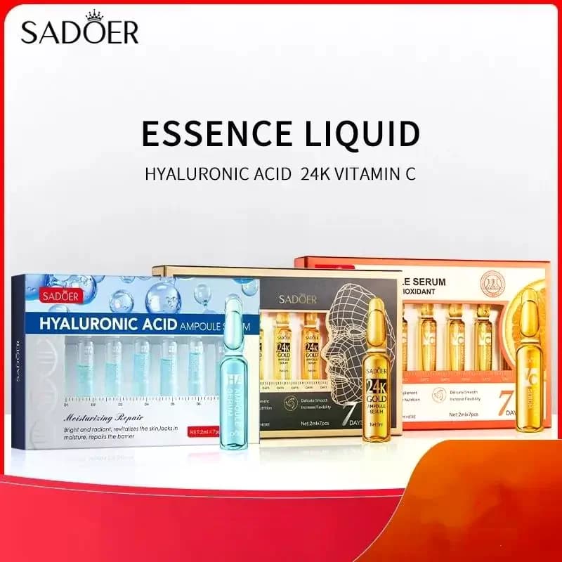 7 SADOER bottles Ampoules with vitamin C, 24K gold and hyaluronic acid for the face, moisturizing, illuminating and nourishing serum for the face.