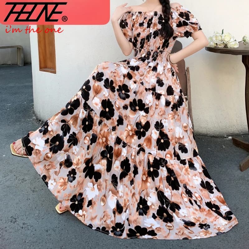 THHONE Summer Dress Women's Cotton Linen Floral Vintage Oversize Korean Women's Dress Print Robe Dresses casual with shoulders
