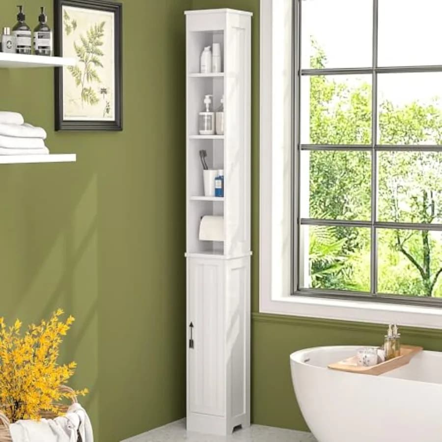 Armadio Alto e Stretto con Ripiani Regolabili, Mobiletto Sottile da Bagno Autoportante con Porta Carta Igienica, Porta Magnetica