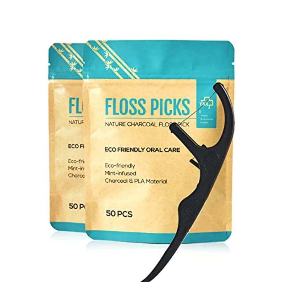 Curated Picks Natural Dental Floss Picks - Vegan, Eco Friendly Black Bamboo Charcoal Dental Teeth Stick Tooth Pick Toothpick Fl