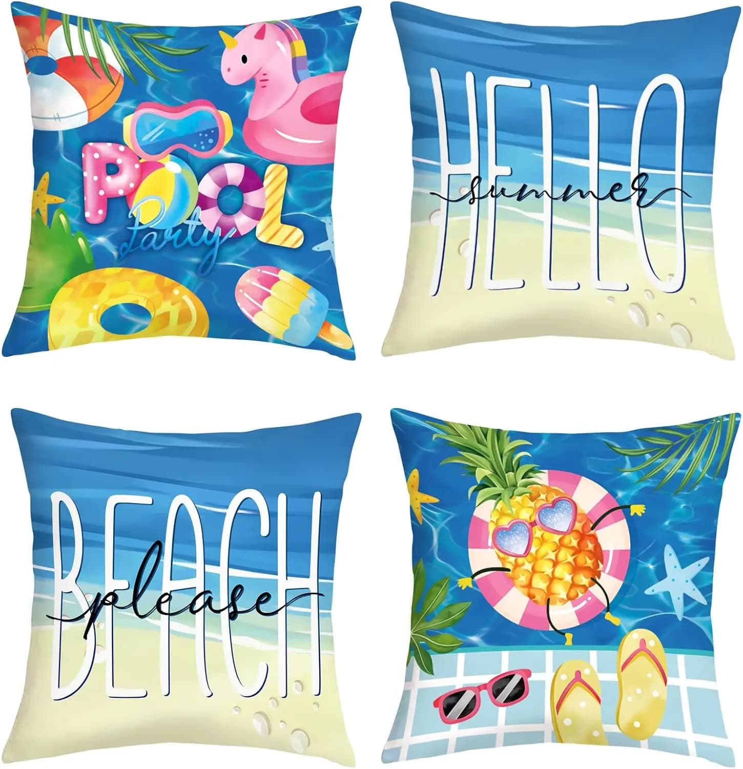 Vibrant 4 Piece Throw Pillow Cover Set Beach Summer Tropical Pool Party Ocean Decor Print Cushions for Sofa Bedroom Living Room