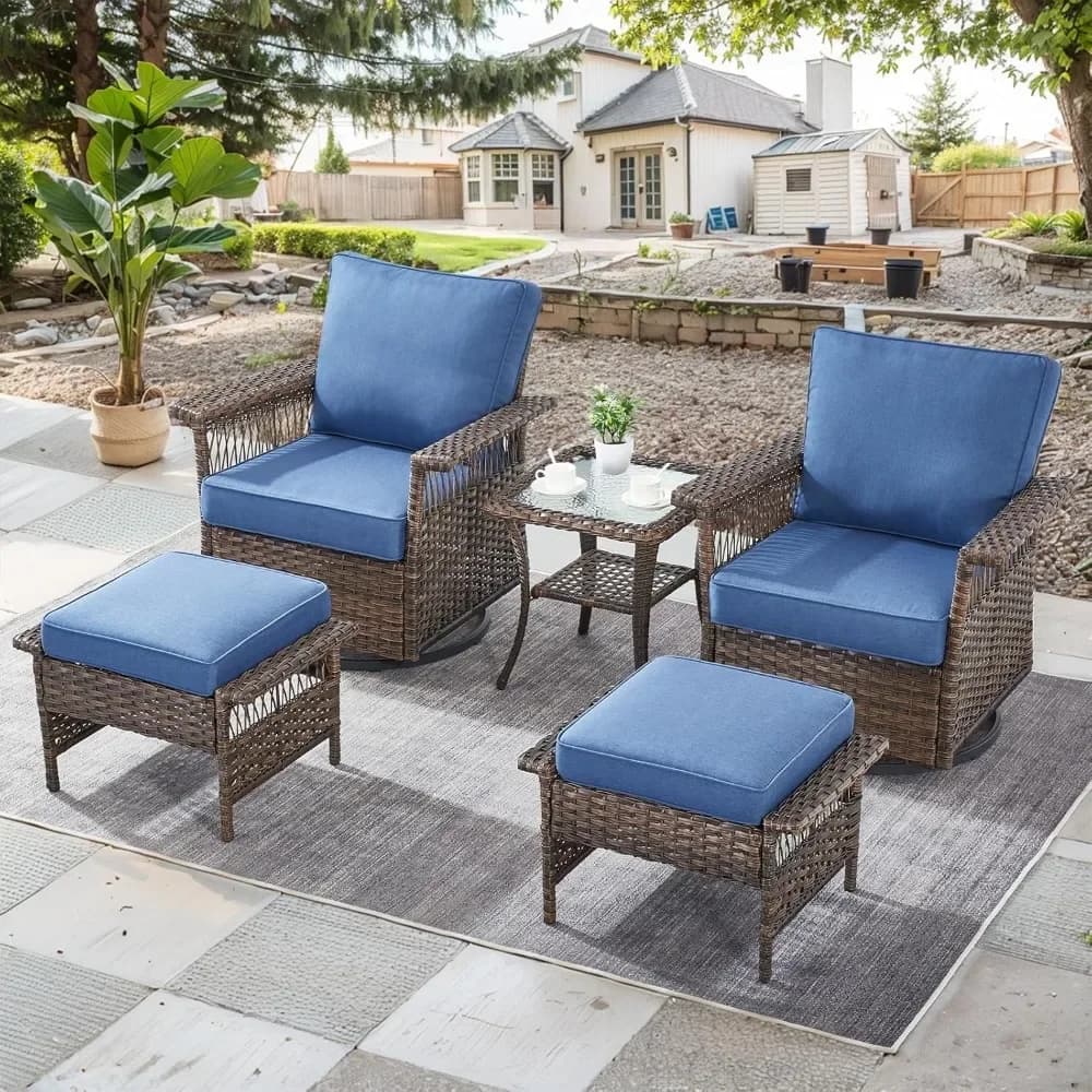 Set di mobili da giardino 2 sedie a aliante girevoli in vimini 2 rattan con tavolino da patio Cuscini in vimini Conversazione nel patio