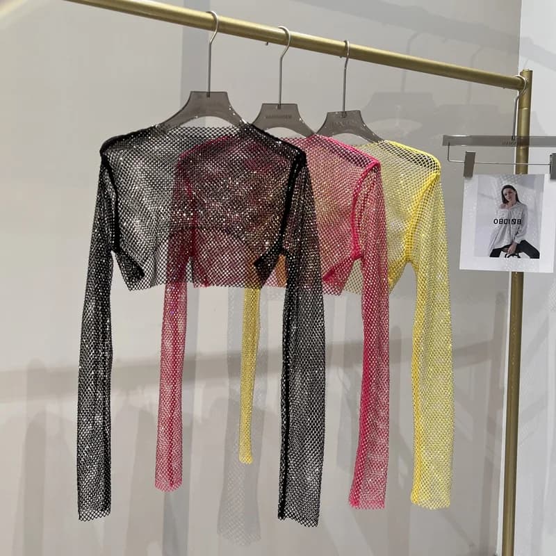 Camicia da festa a maniche lunghe con protezione solare esterna a maniche lunghe con diamanti colorati sottili e sexy