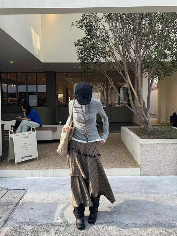 Spring Autumn Winter Spring 2025 Women's Midi Skirt with Lace Split Irregular Plaid A-Line Skirt Casual Double-Sided Wear