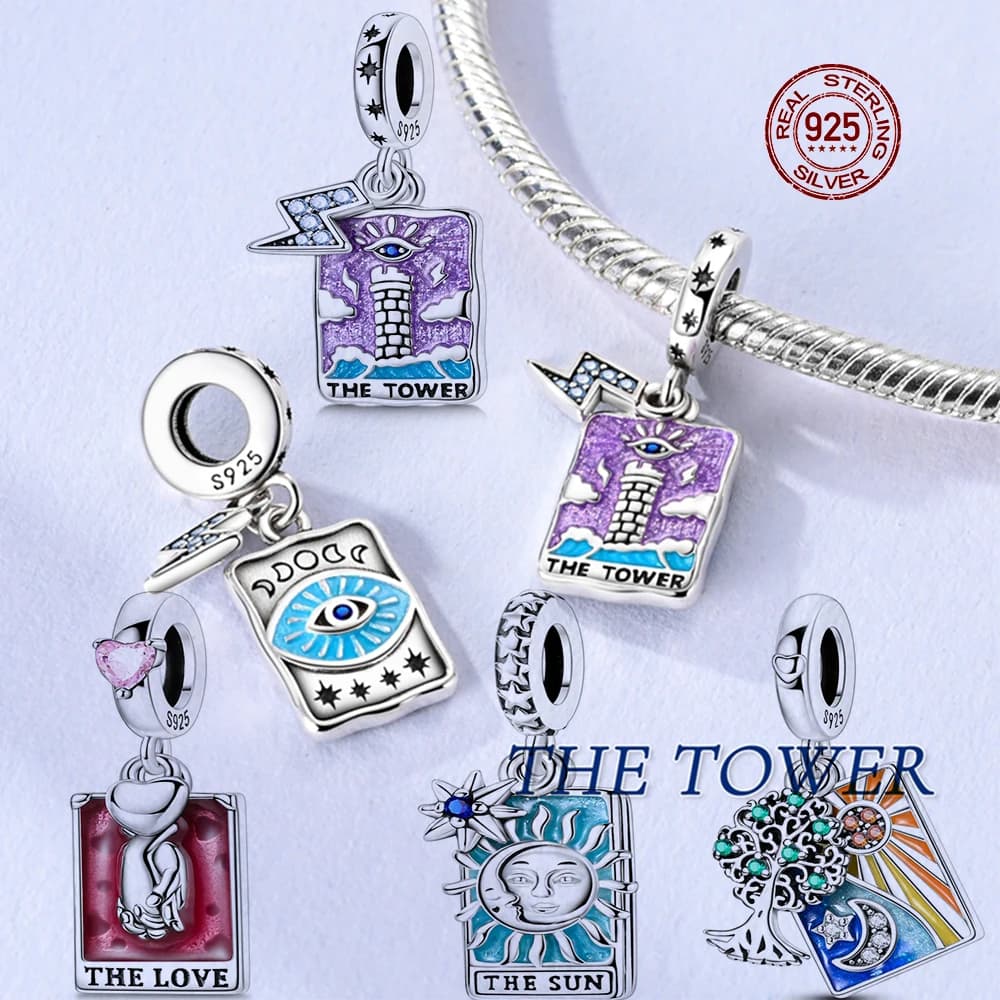 Nuovo argento sterling 925 serie di tarocchi magici zircone verde albero della vita pendenti con perline adatti braccialetti originali regalo gioielli signora fai da te