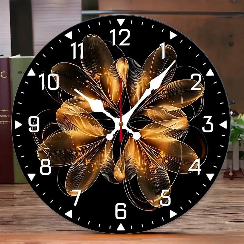 Orologio da parete sospeso silenzioso rotondo in legno con fiore in filo dorato, adatto per soggiorno, ufficio, sala studio, camera da letto, decorazione domestica