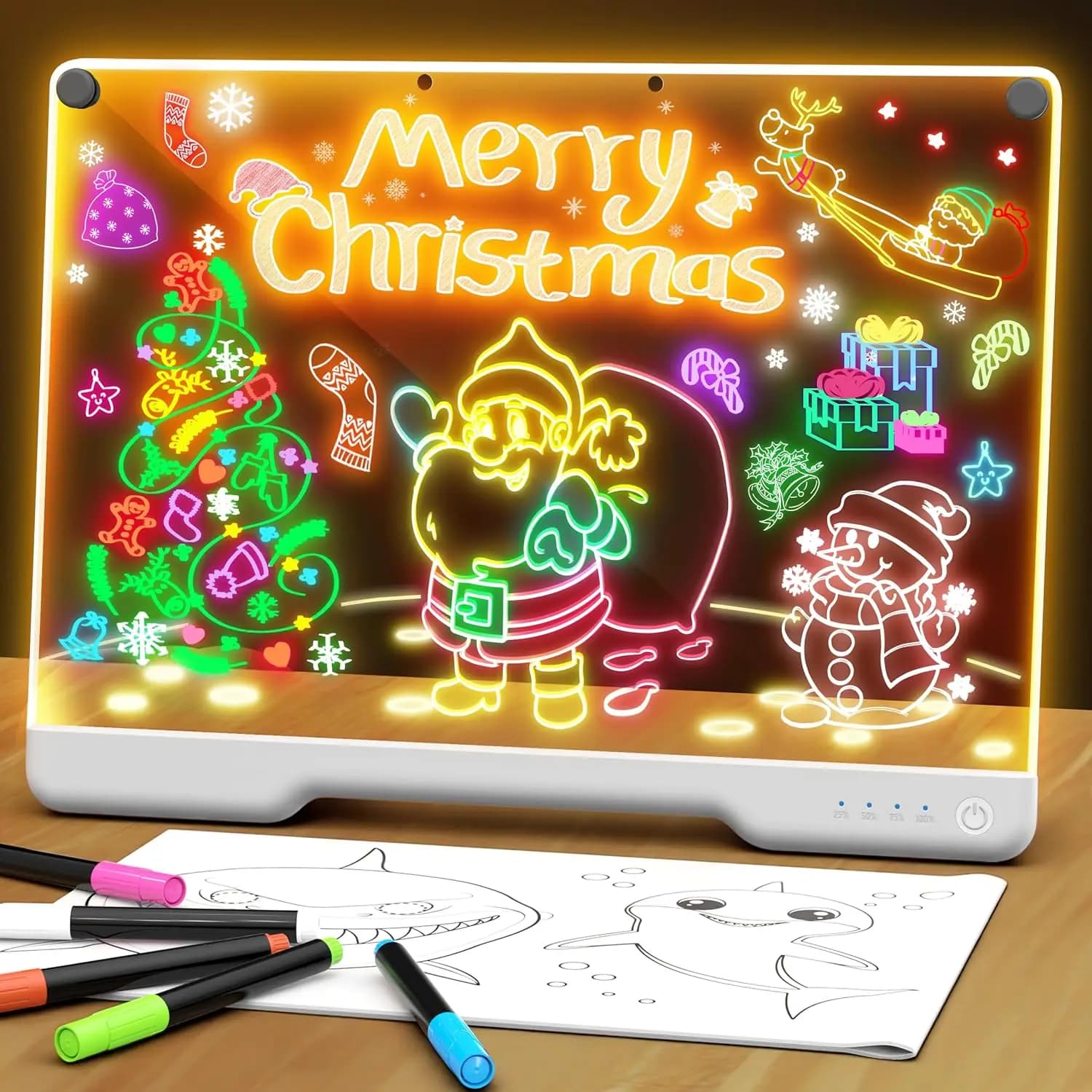 Portable LED Note Board 16-inch, Rechargeable 7 Light Effects Doodle Glow Memo Board with Stand, 5 Markers & Sketchbook for Kids