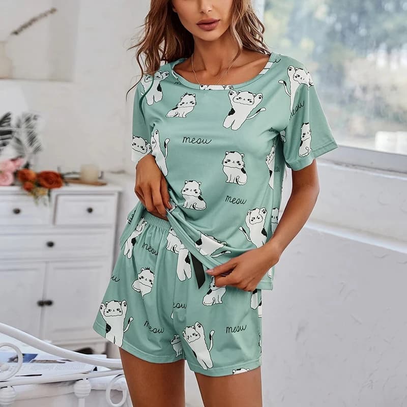 Soft Milk Silk Pajamas for Women Cute Cartoon Cat Print Short Sleeve & Shorts 2 Piece Pajama Set Loungewear Sleepwear Pj set