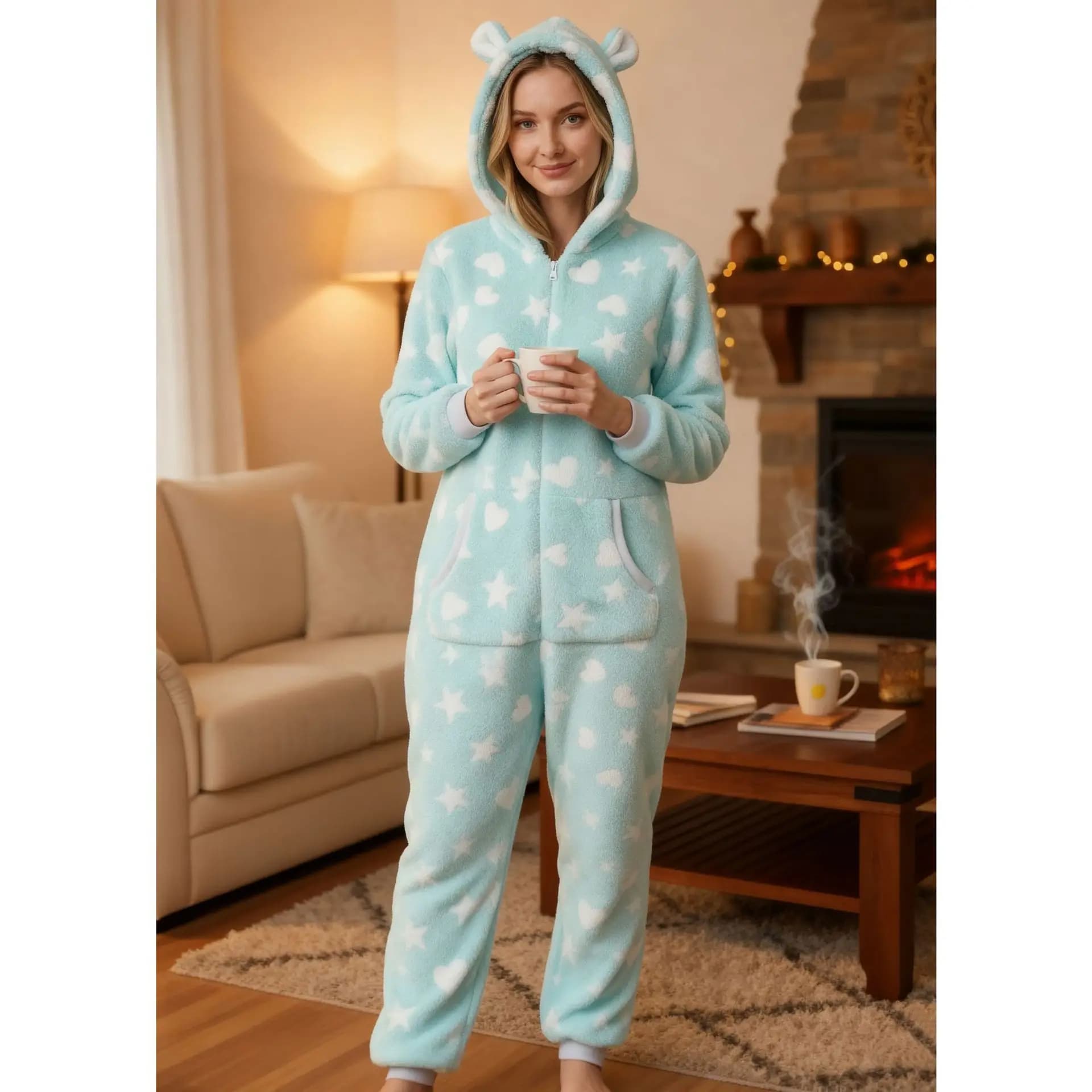 Long-sleeved women's trousers in autumn and winter flannel, plush pajamas, thick hooded pajamas, home dress