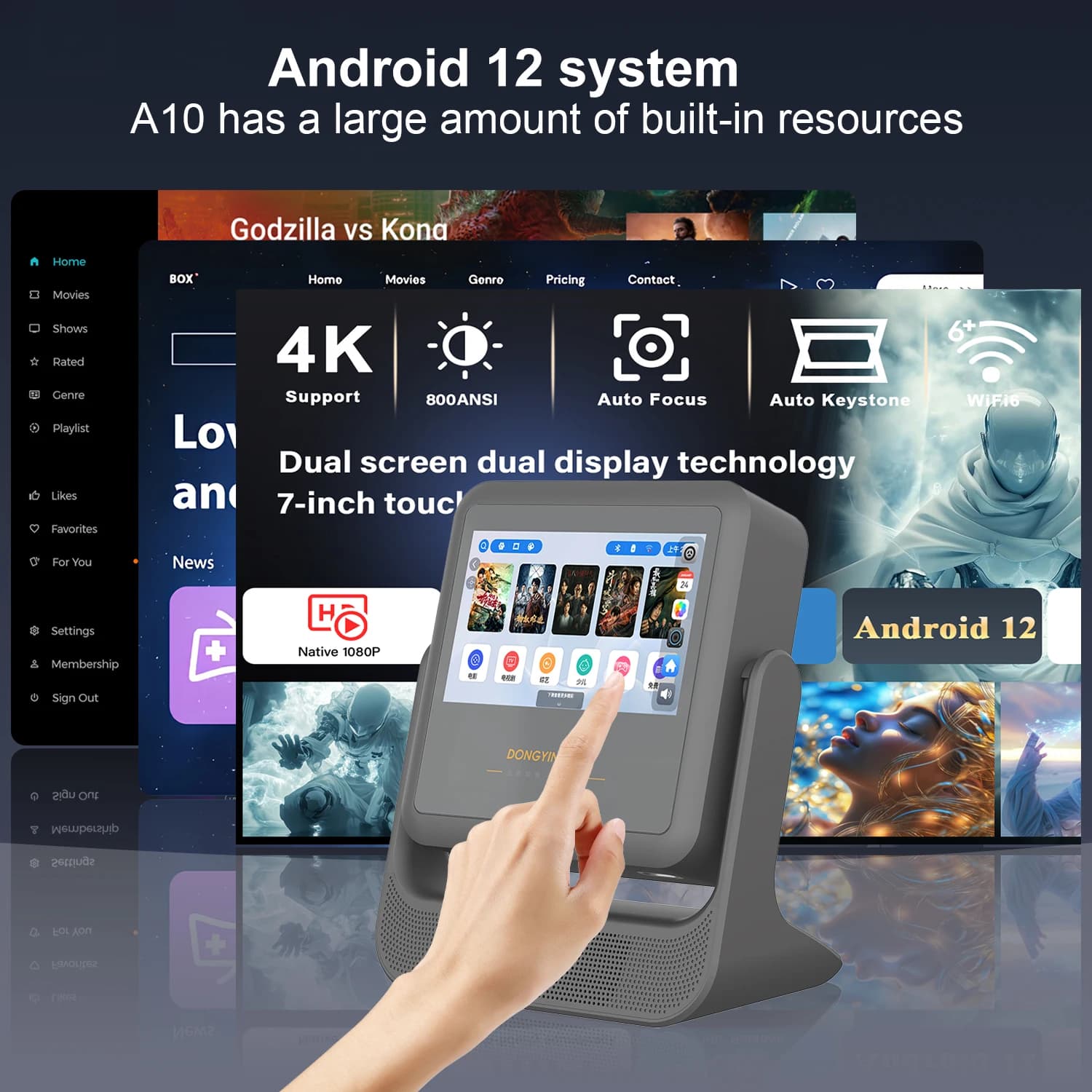 DONGYINGproyector Touchscreen da 8 pollici WiFi Bluetooth Android 12 4K 1080P Messa a fuoco automatica HDMI Rotazione USB 180 ° Altoparlante Spina UE USA UK