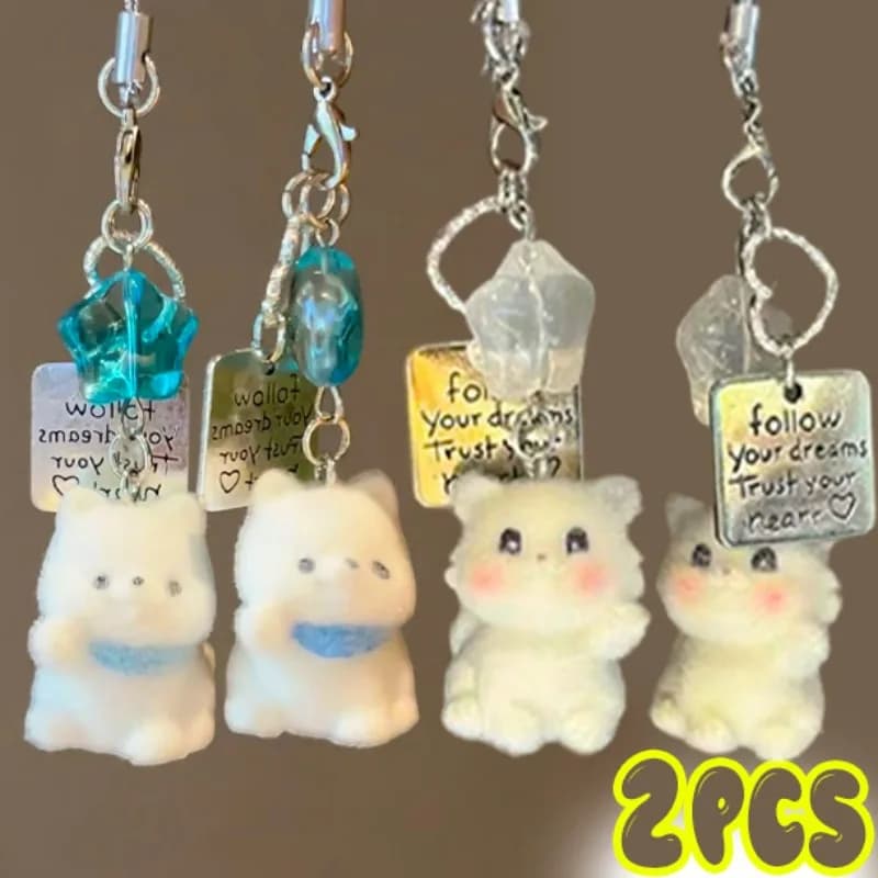 1/2 Pezzi Portachiavi Floccati a Forma di Cane/Gatto per Cellulare, Zaino, Auto, Decorazione, Cordino Floccato per Telefono, Catenella Floccata, Cinghie Floccate a Cartone Animato, Portachiavi