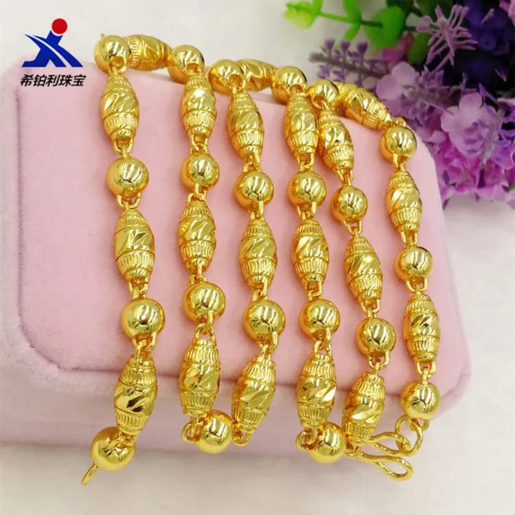 High Quality Brass Gold Plated Solid Smooth Round Bead Necklace Imitation Gold Wedding Jewelry Masculine Olive Bead Neck Accesso
