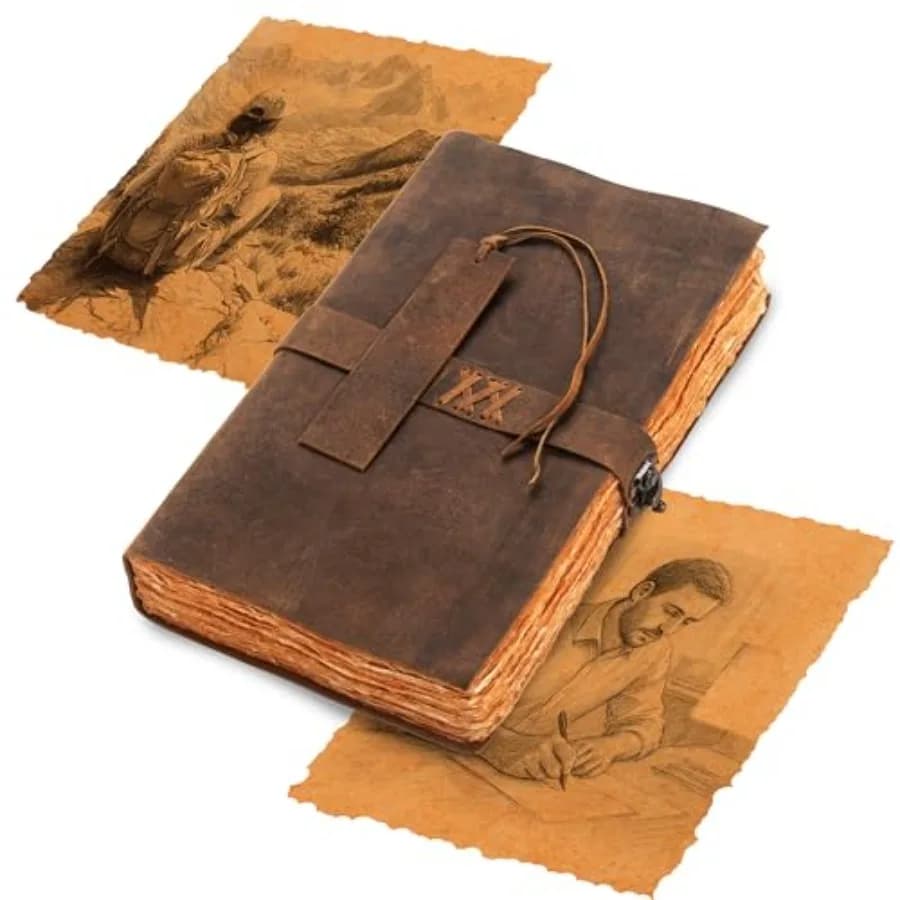Artist's Ledger Vtage Journal 8×13 ch, 200 Supple Pages Medieval spired Leather Notebook, Antique Parchment Style Journal for S
