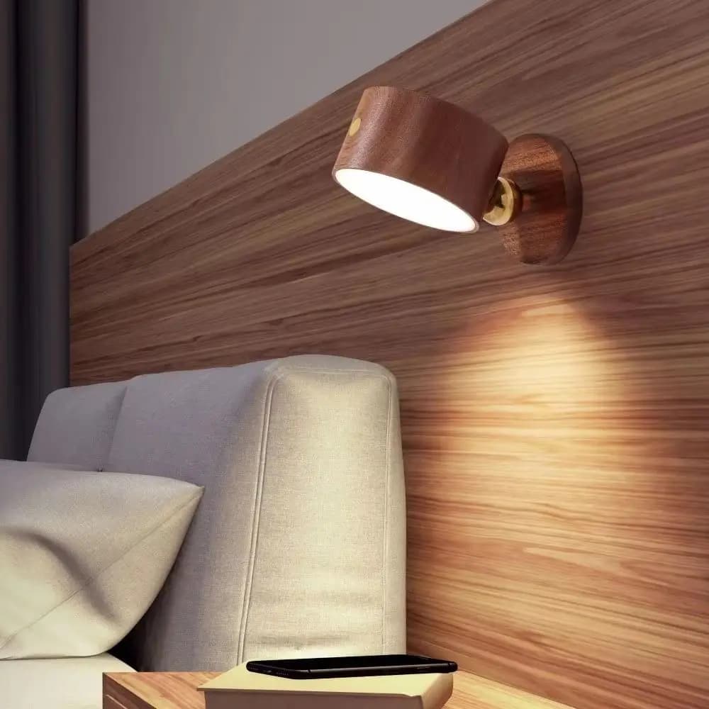 360 ° Lampada da Parete Rotante in Legno Dimmerabile con Montaggio Magnetico, Luce Notturna Magnetica con Controllo Touch, Applique LED Bifacciale
