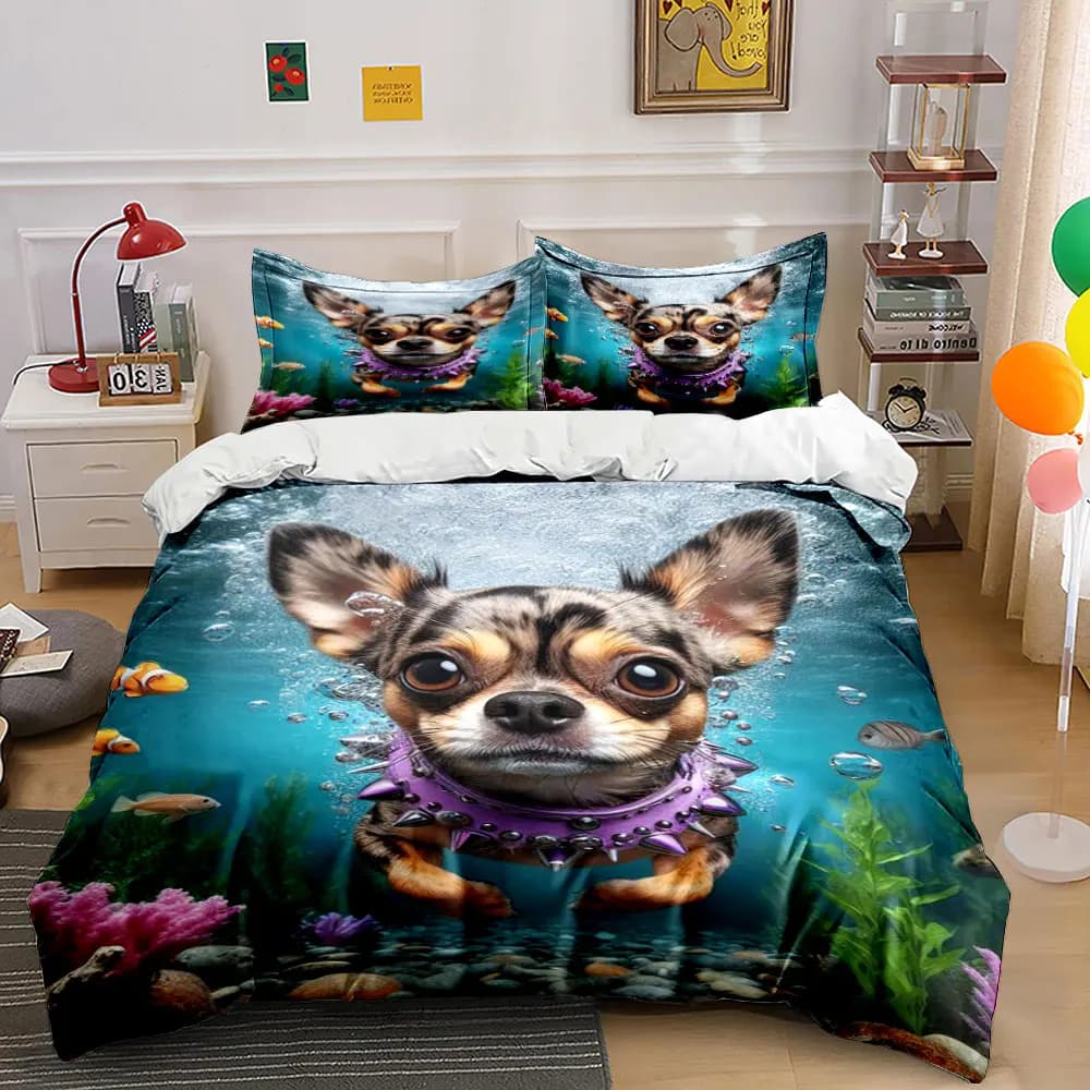 Set di biancheria da letto a tema cani subacquei con 1 copripiumino e 2 federe, singolo, matrimoniale, king, queen, idea regalo