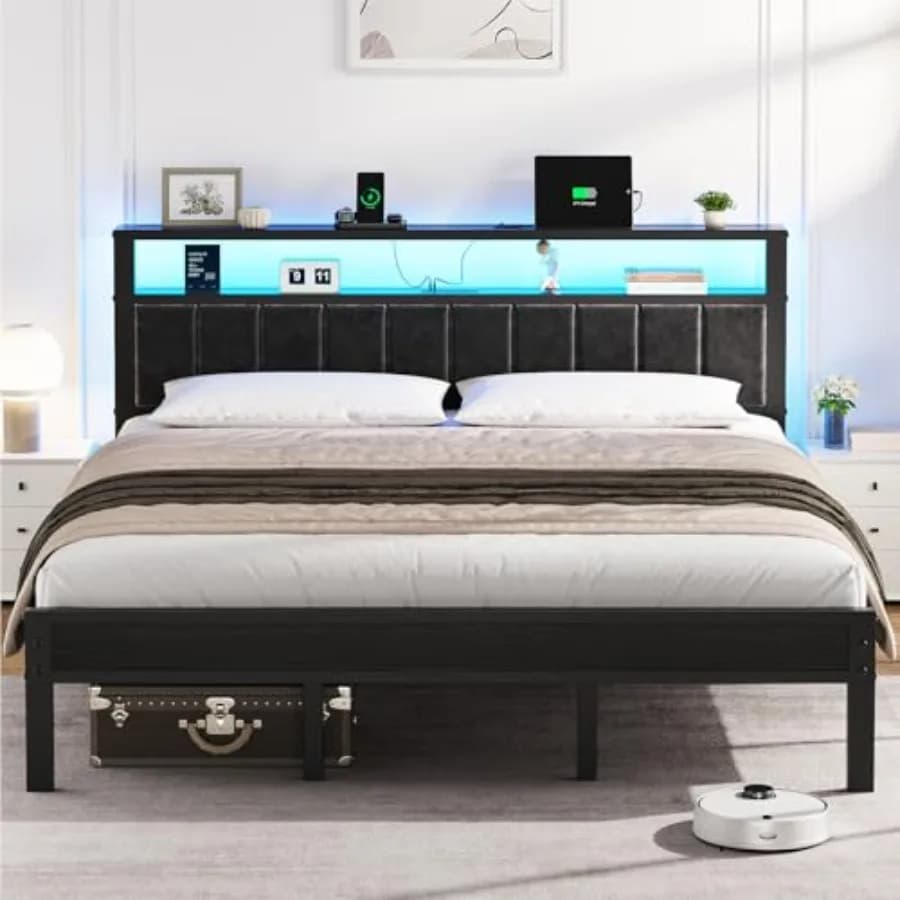 Letto King Size con Stazione di Ricarica e Luci LED, Letto Moderno con Testiera Imbottita e Vano Contenitore, Non Richiede Rete a Doghe