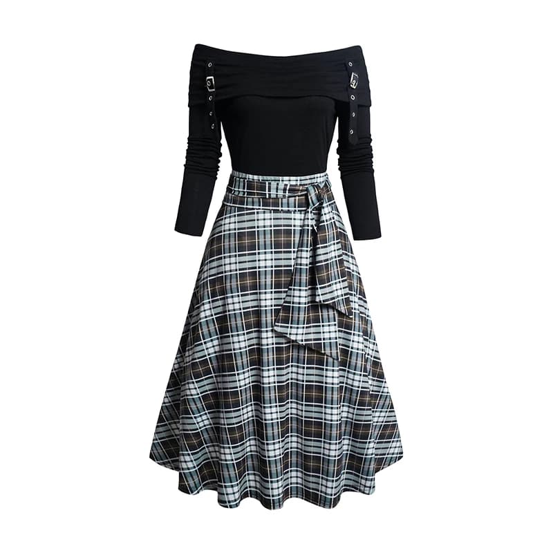 Dressfo Abito da donna con stampa scozzese con spalle scoperte Maniche lunghe A-Line Cravatta sulla spalla Cintura elegante Abito longuette abiti