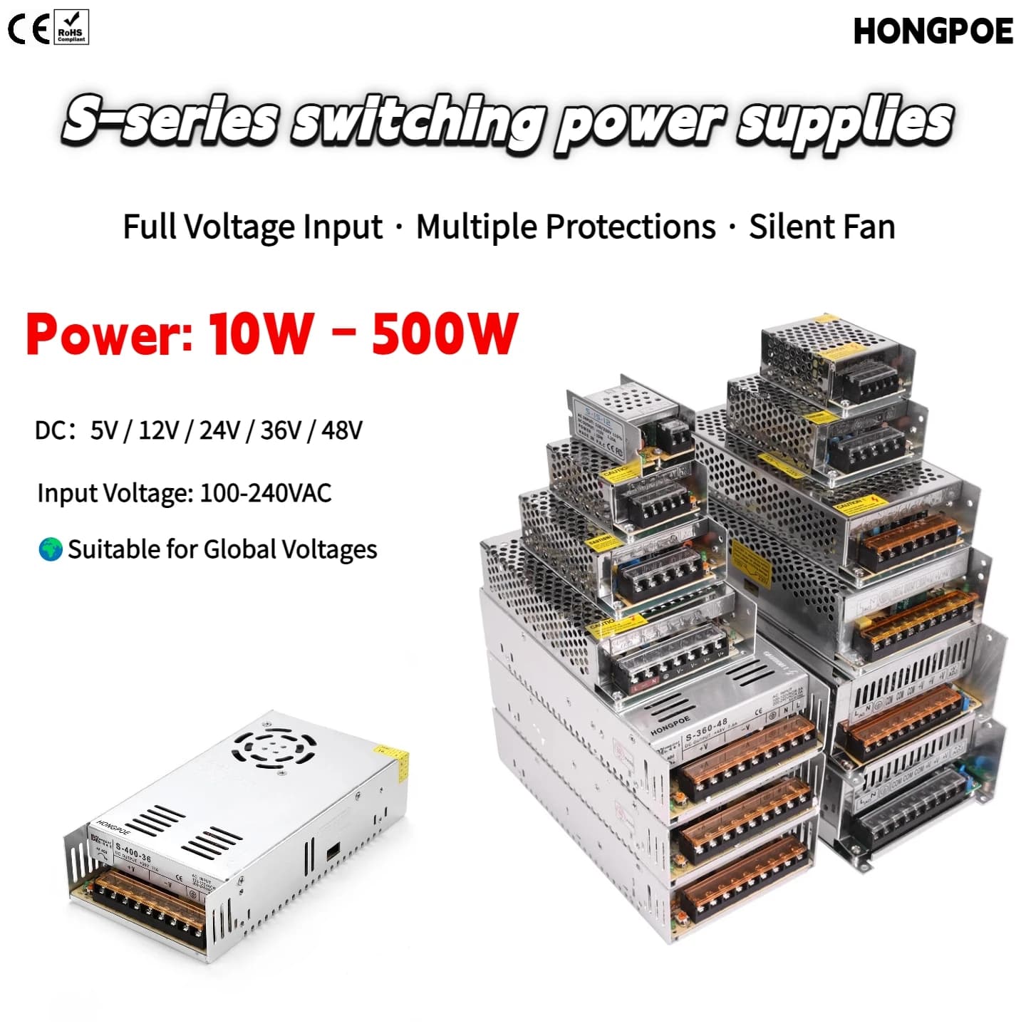 Alimentatori serie S CE 10W-500W 5V 12V 24V 36V 48V con ingresso 100-240VAC per Strisce LED / CCTV, Apparecchiature Industriali, Stampanti 3D