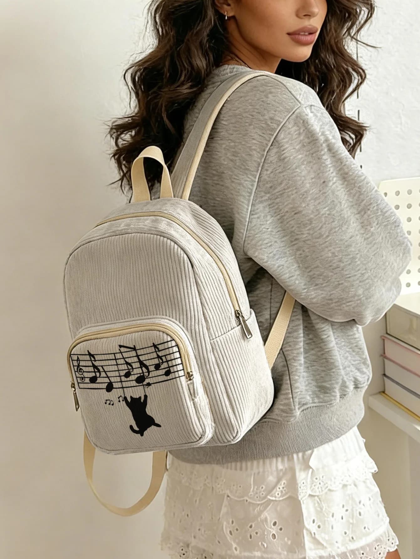 Music Note Cat Print Women Fashion Backpack Corduroy Multi-pocket Large Capacity Commuter Bag