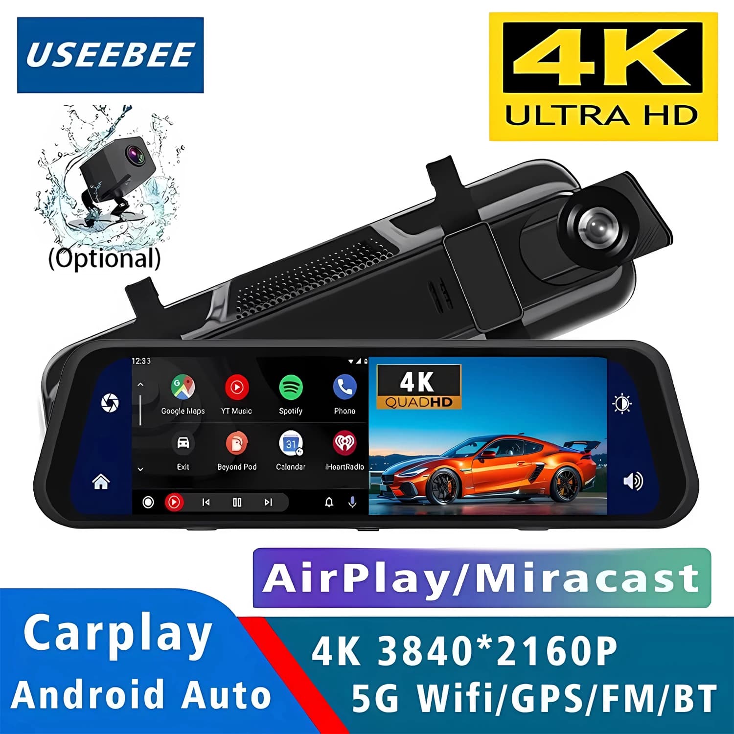 Dash Cam 10 Pollici 4K 3840*2160P con Carplay, Android Auto, Doppia Lente, Wifi, GPS, BT, FM, Registratore Video per Auto, Specchietto Retrovisore con Dashcam