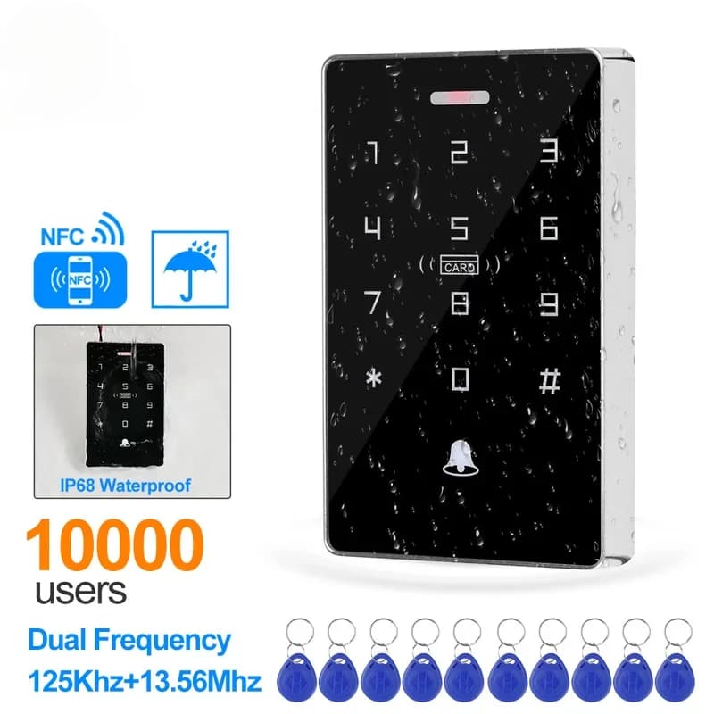 NFC Retroilluminazione Touch Doppia Frequenza 125KHz 13.56MHz Scheda RFID Controllo Accessi Tastiera Apriporta Serratura Uscita WG IP68 Watreproof