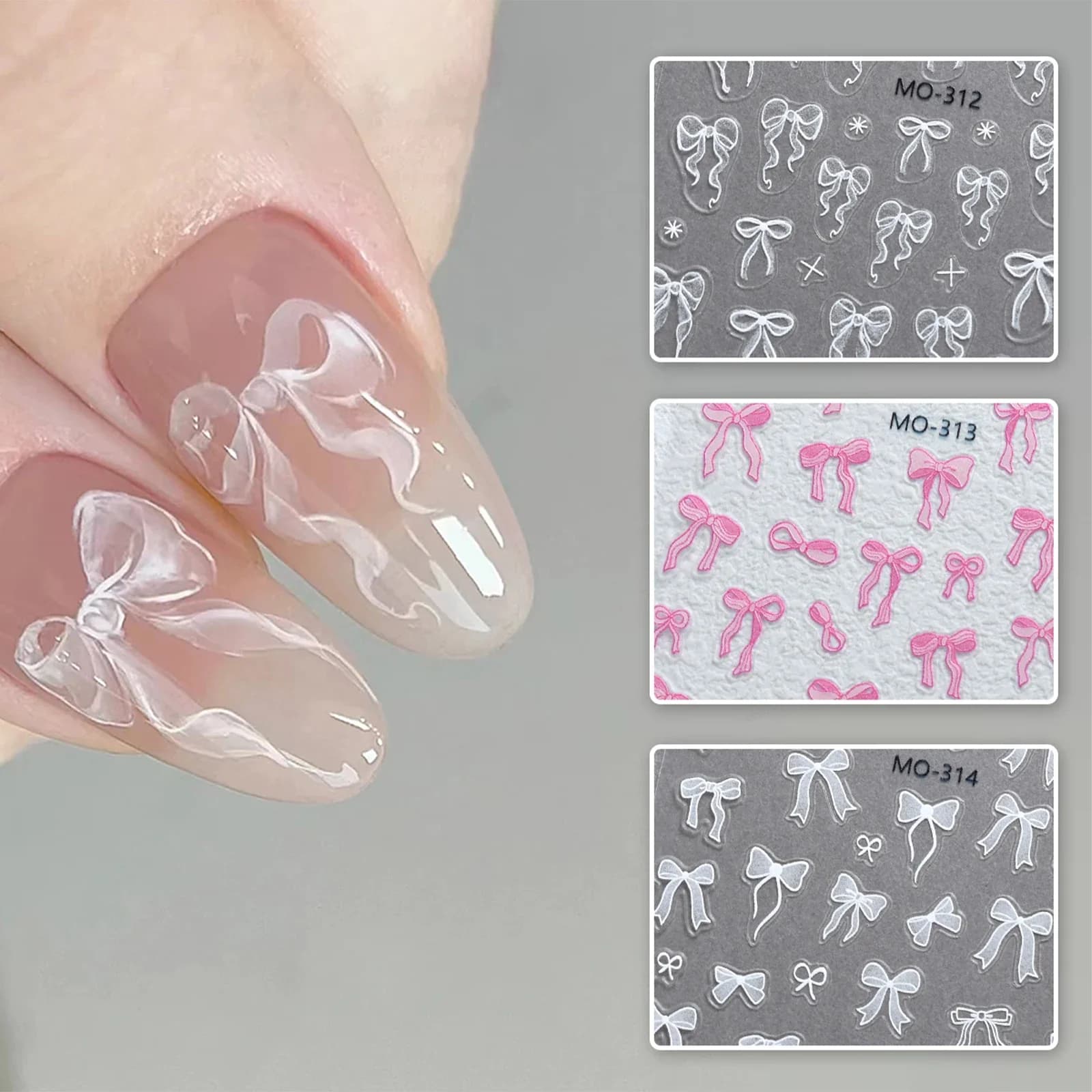Adesivi per unghie con fiocco 3D a rilievo, nastro bianco, decorazioni autoadesive rosa dolce e carine per nail art e manicure.