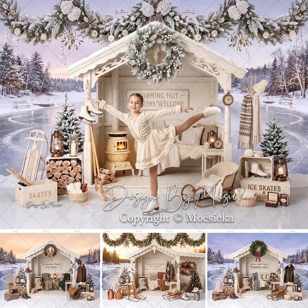 Mocsicka Christmas Backdrop Photography Ice Skating Warm Hut Frozen Ice Lake Snow Garland Lantern Background Family Xmas Photo