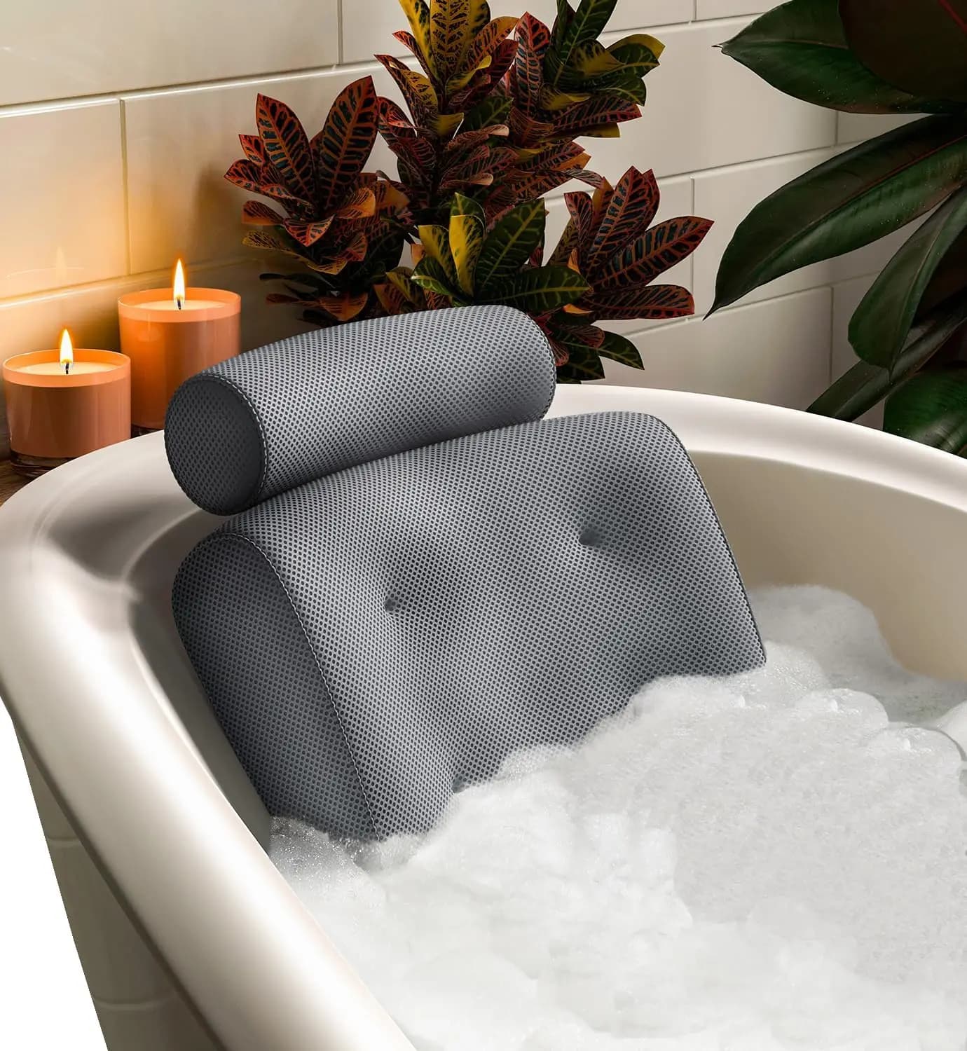 Cuscino da Bagno di Lusso Everlasting Comfort Grigio, Supporto per Testa e Collo, Ventose Antiscivolo, Rete ad Asciugatura Rapida e Gancio (Grigio)