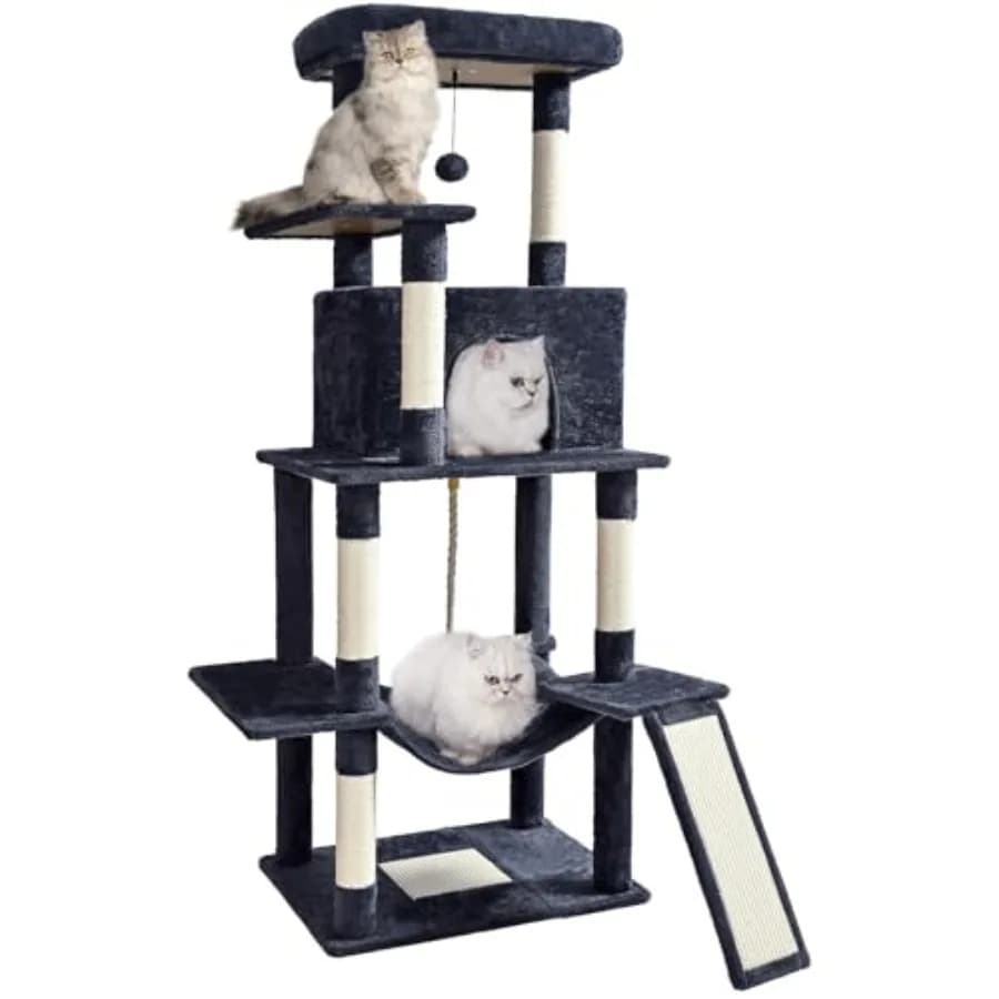 Torre per Gatti a 63 Pollici, Multi-Livello, per Gatti da Interno, con Tiragraffi in Sisal, Cuccia, Amaca, Palla Sospesa e Estensione