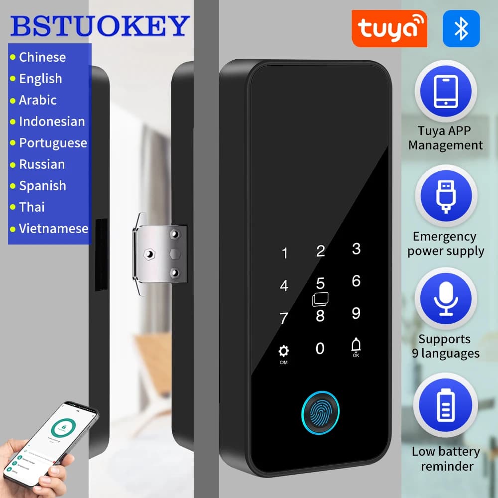 Tuya Smart Life Bluetooth Serratura per porta in vetro Serratura biometrica digitale per impronte digitali Serratura in vetro senza trapano supporta lo sblocco dell'app senza punzonatura