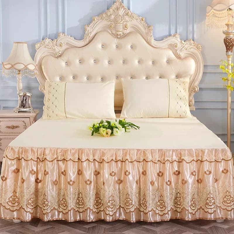 Set of sheets with corners with Princess style volant Set of luxury bedding with pleated lace edge High-end embroidered sheet with bed skirt