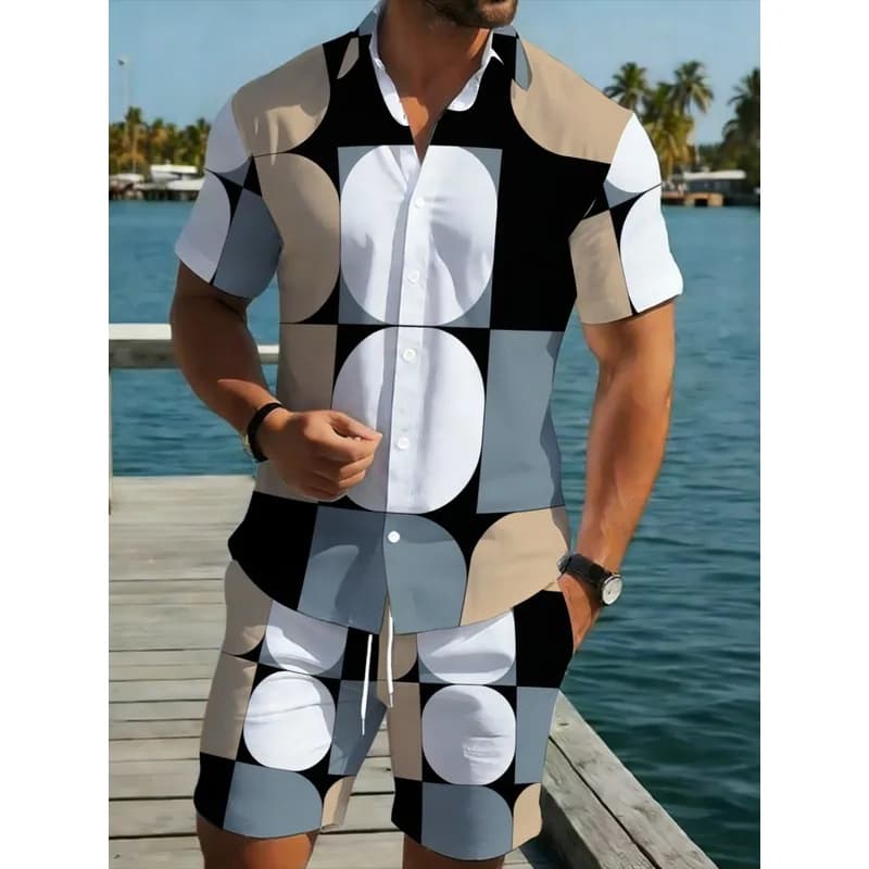 Men's Casual Vacation Set Modern Abstract Geometric Printed Short Sleeve Shirt Shorts Polyester Fiber Homewear