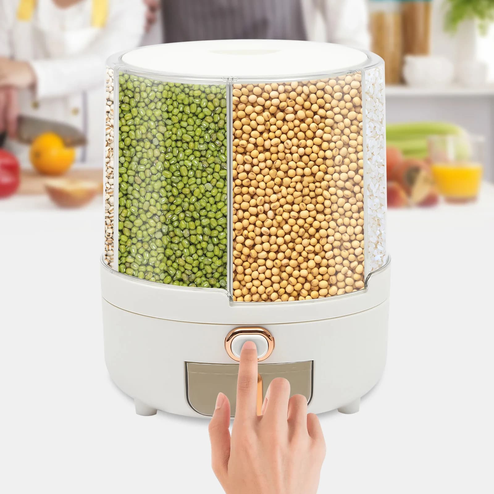 Dispenser rotante per alimenti secchi in PET, contenitore per cereali con supporto a 6 scomparti, dispenser per controsoffitti, frigoriferi