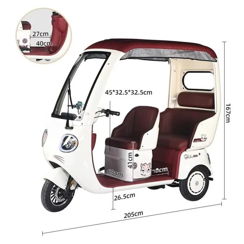 Triciclo elettrico per 3 persone da 60 V Bicicletta a 3 ruote con passeggero per merci domestiche certificato CEE a corpo aperto