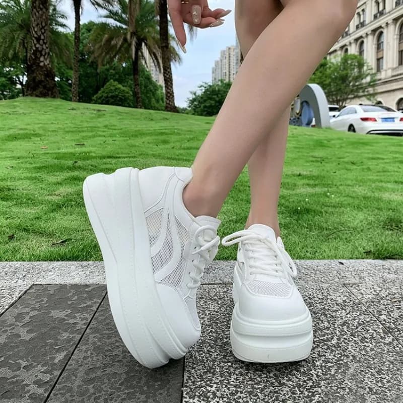 Women Mesh Platform Sneakers Lace Up Low Top Thick Sole Height Boost Breathable Casual Daily Walking Sport Trainers Footwear