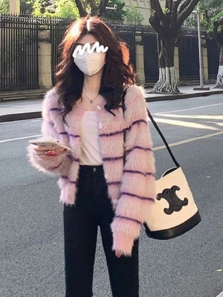 Korean Fashion Purple Striped Fur Imitation Short Sweater Soft Thicken Warm Winter Short Jackets Sweet Elegant Women Girls Cute