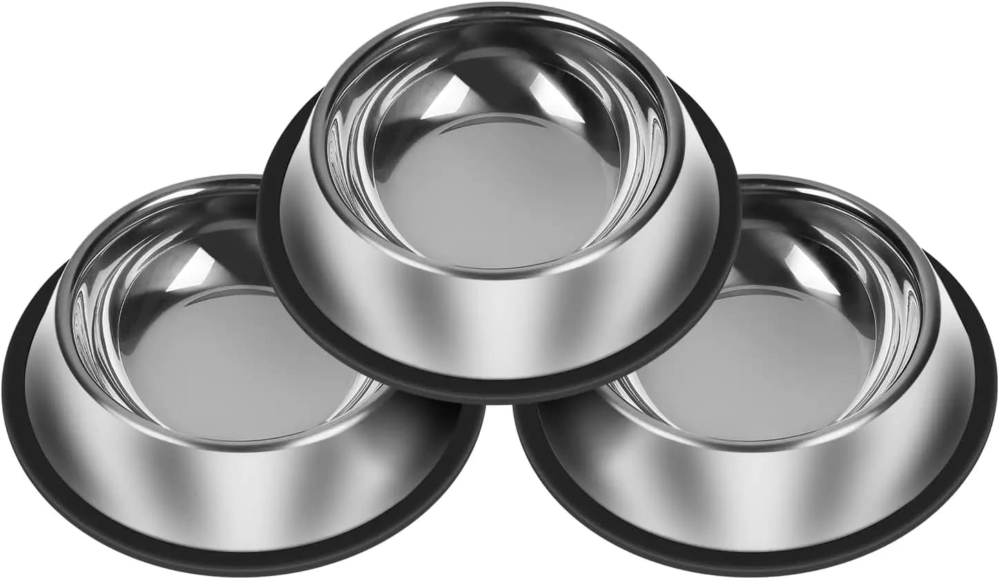 Set di 3 Ciotole per Cani in Acciaio Inox, 13oz, Antiscivolo, per Cibo e Acqua, Lavabili in Lavastoviglie