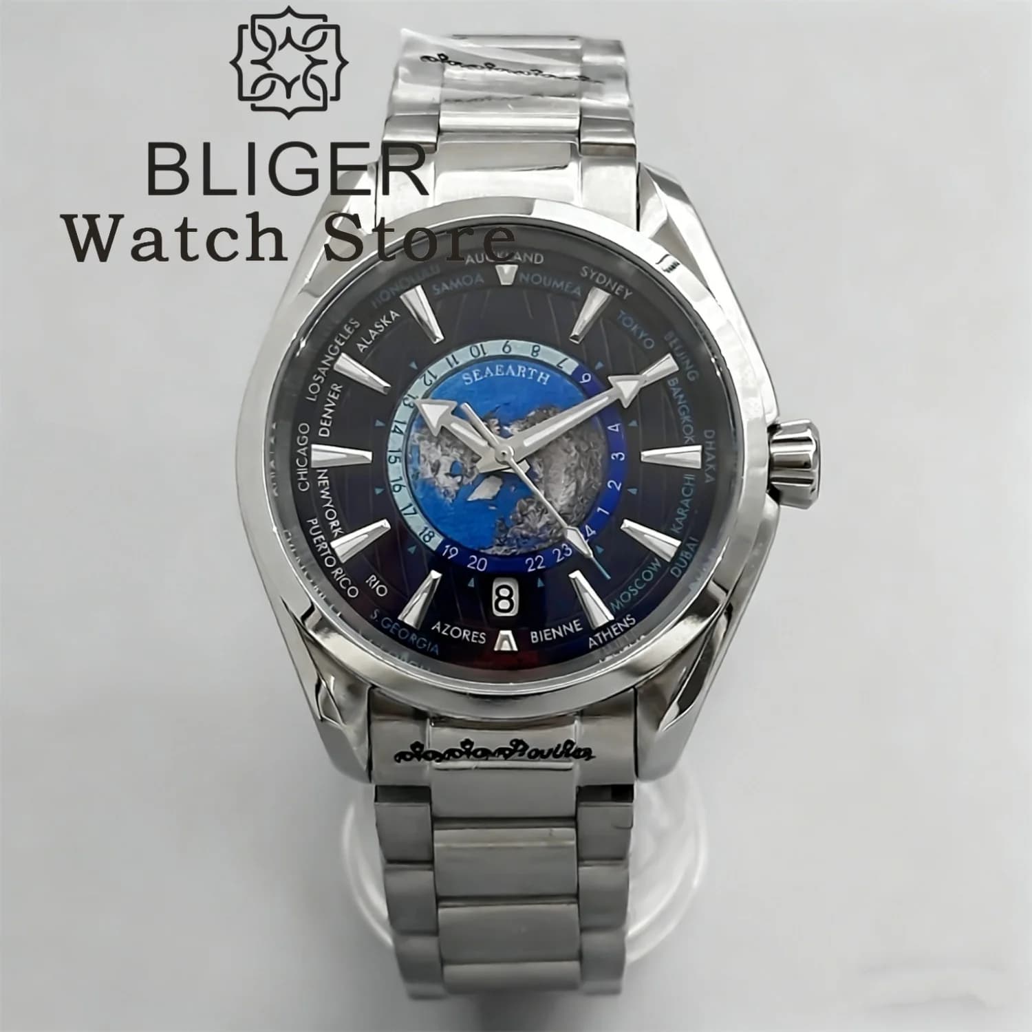 BLIGER 40MM World Time Earth Map NH35 Automatic Mechanical Watches For Men Sapphire Crystal 6 o 'clock Date Deep waterproofing